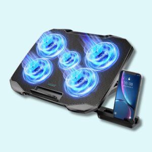 Refroidisseur pour PC gamer avec support réglable et 5 ventilateurs silencieux – Pour ordinateurs de 12 à 17 pouces, avec support pour téléphone