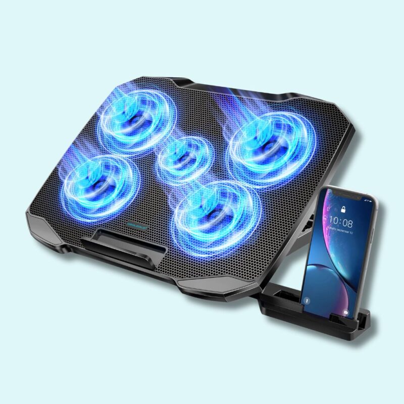 Refroidisseur pour PC gamer avec support réglable et 5 ventilateurs silencieux – Pour ordinateurs de 12 à 17 pouces, avec support pour téléphone