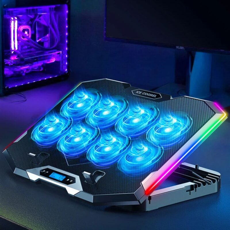 Refroidisseur pour PC gamer avec 8 ventilateurs, lumière RGB et écran HD – Support réglable pour ordinateurs de 12 à 18 pouces – Image 3